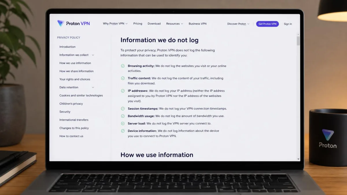 Proton VPN's privacy policy on a laptop screen, scrolled to the list of data the service does not log.