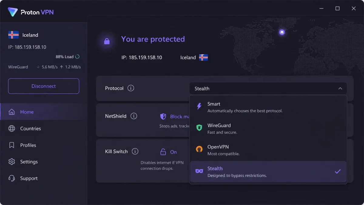 Proton VPN desktop app's protocol menu listing Smart, WireGuard, OpenVPN and Stealth, with Stealth selected.