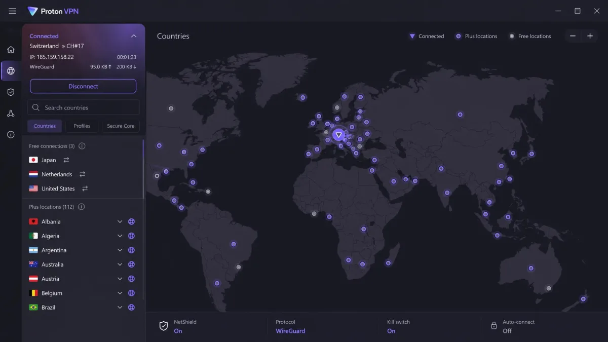 Proton VPN's world map view in the desktop app, with server pins across Europe, North America and Asia.