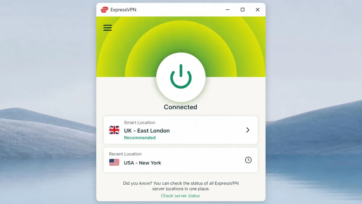 ExpressVPN's desktop app with the large connect button active and the Smart Location panel showing a recommended nearby server.