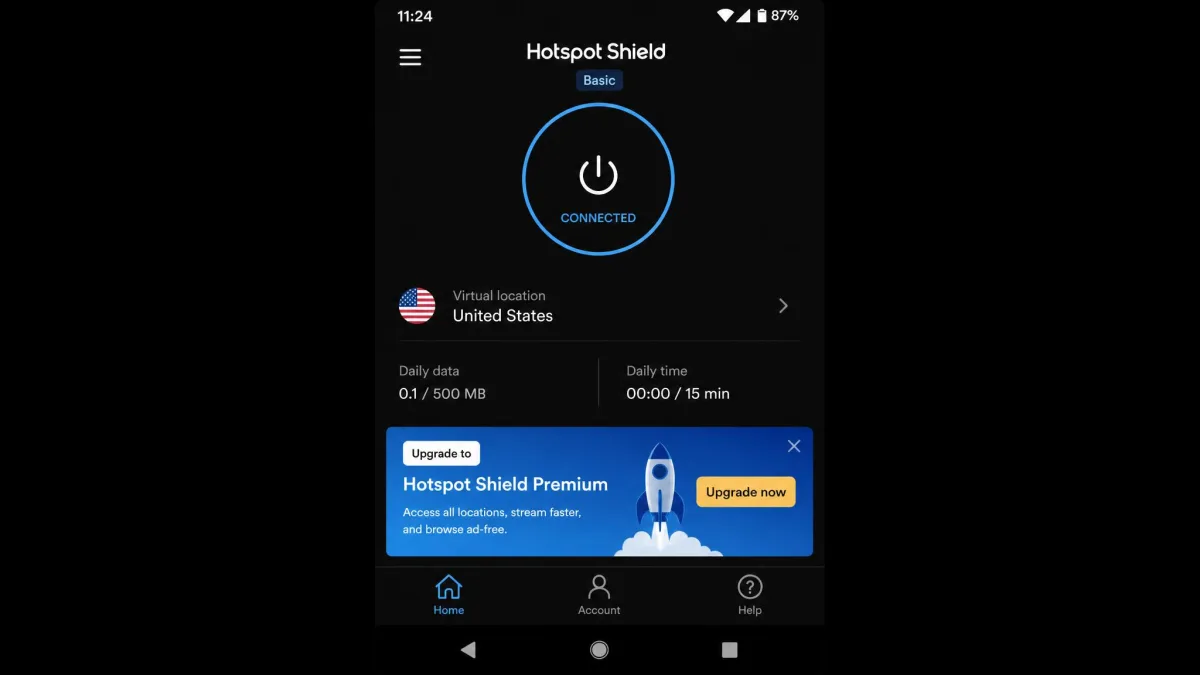 Hotspot Shield's free Basic plan on an Android phone, connected to its single US virtual location with an ad banner below the connect button.
