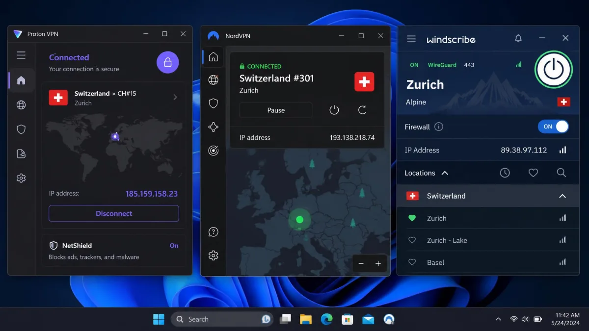 Proton VPN, NordVPN and Windscribe connection screens open side by side on a Windows laptop, each showing a connected server and the current IP address.