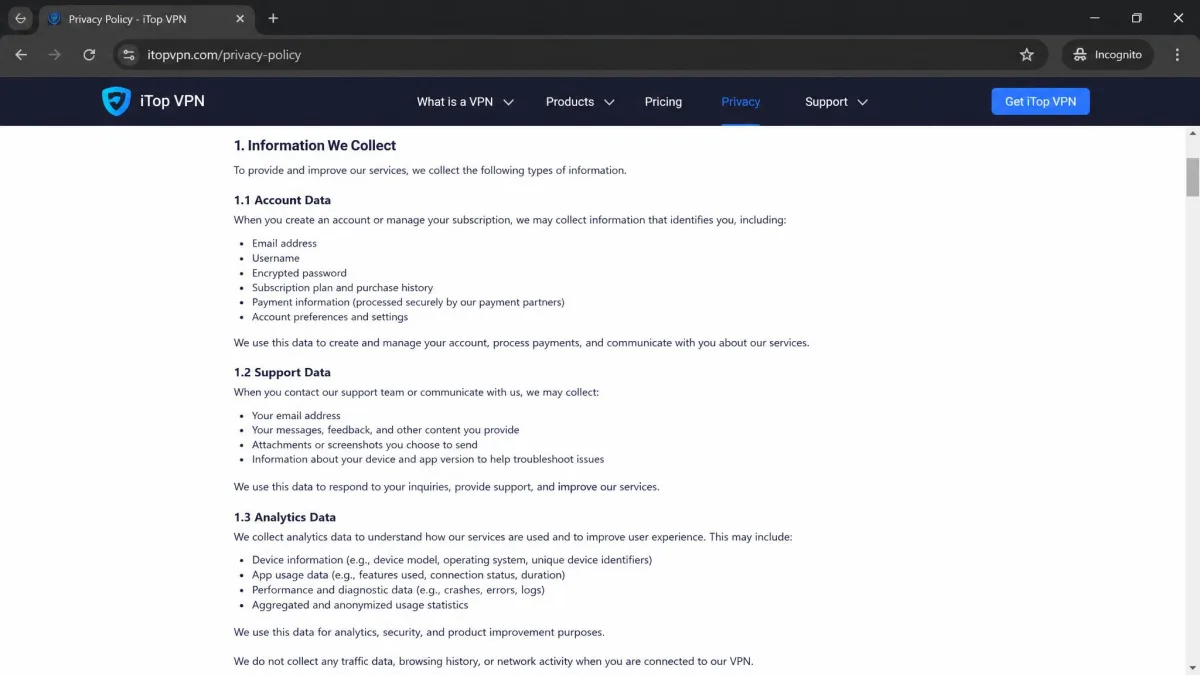 iTop VPN's privacy policy page in a browser, scrolled to the section listing the account, support and analytics data it collects.