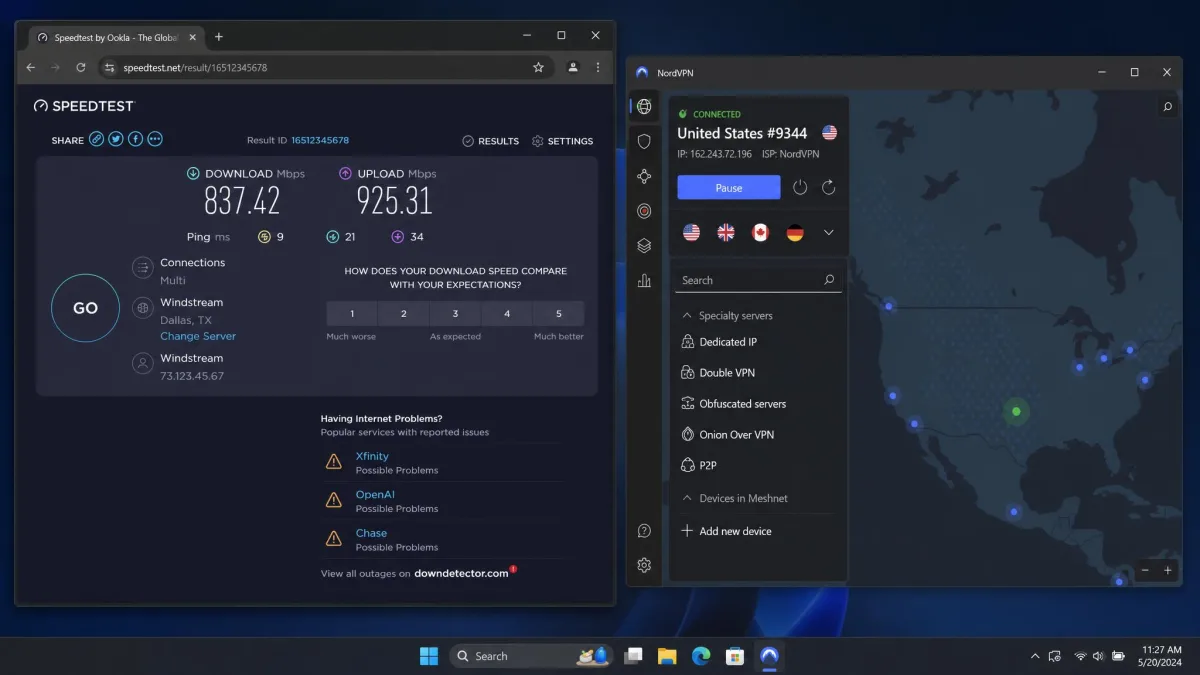 A speed test result on a gigabit connection with NordVPN connected to a nearby US server, showing download speed above 800 Mbps next to the NordVPN app window.