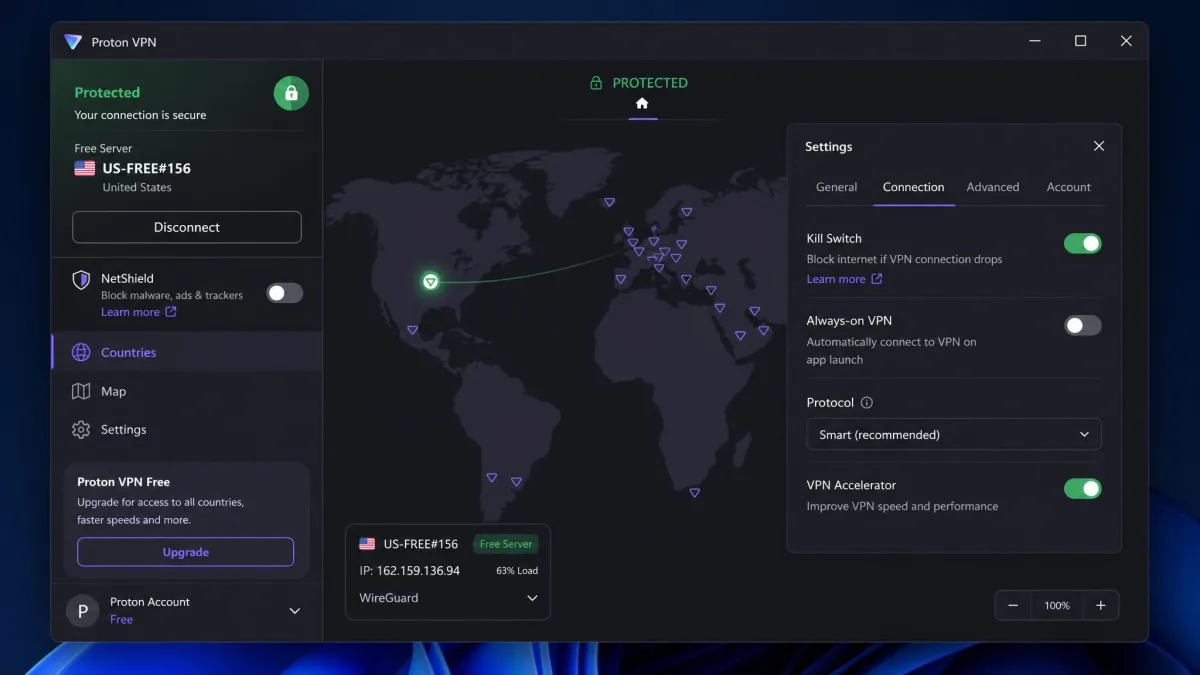 Proton VPN's free plan on Windows showing an automatically selected free server, the green protected status and the kill switch toggle in settings.