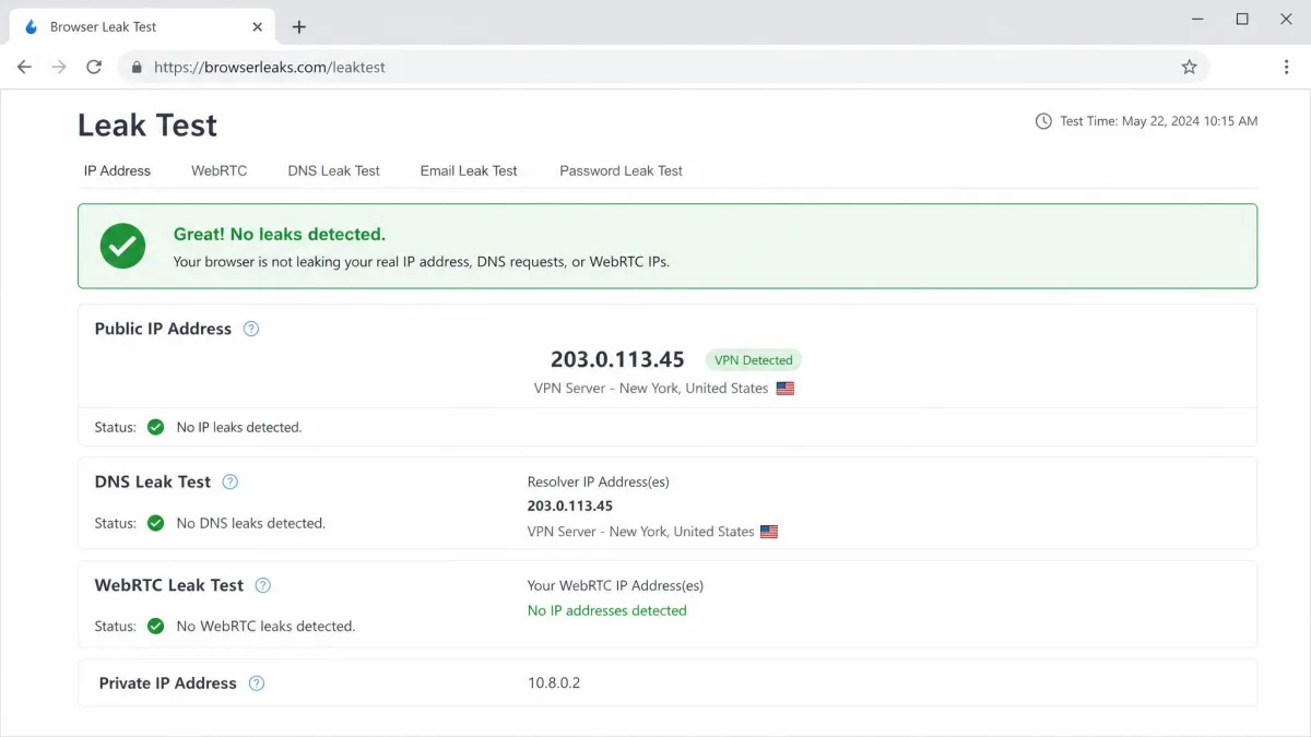 A browser leak-test page showing clean DNS and WebRTC results, with only the VPN server's IP address listed while connected.