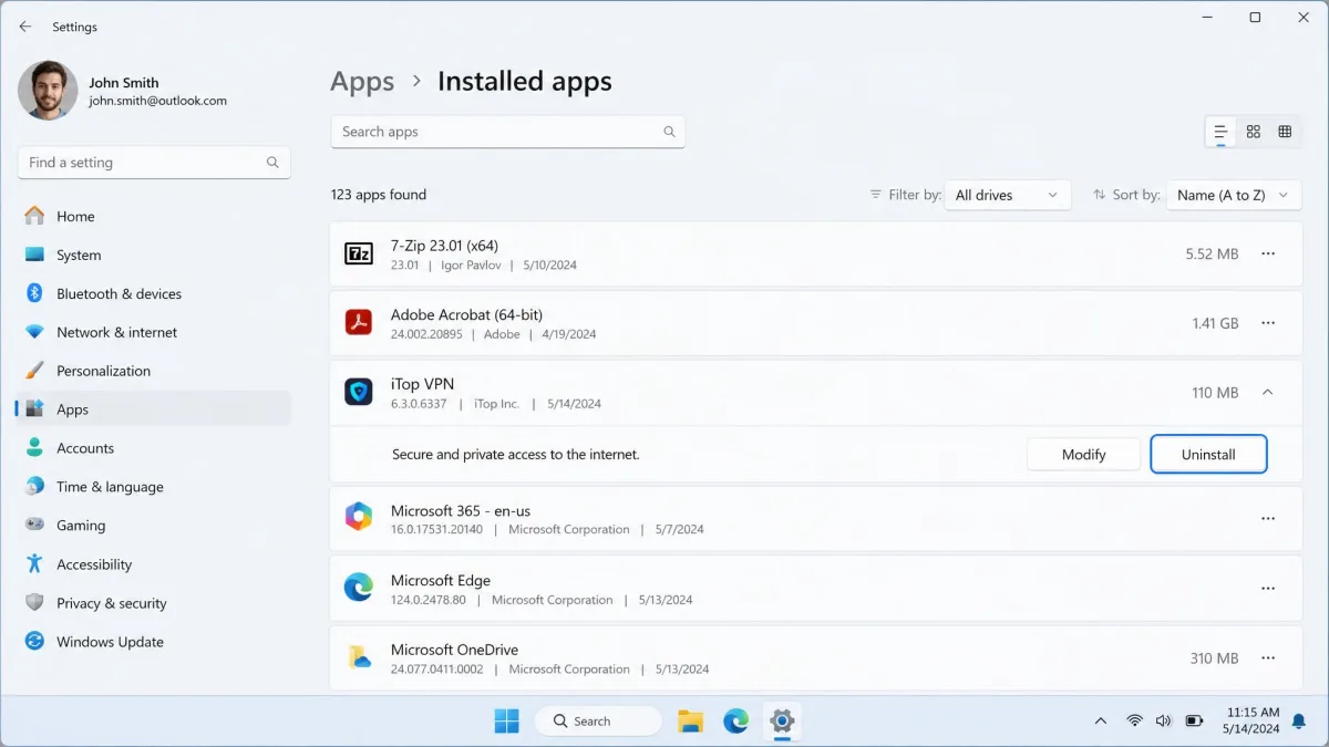 Windows 11 Settings open at Apps, Installed apps, with the iTop VPN entry expanded and the Uninstall option highlighted.