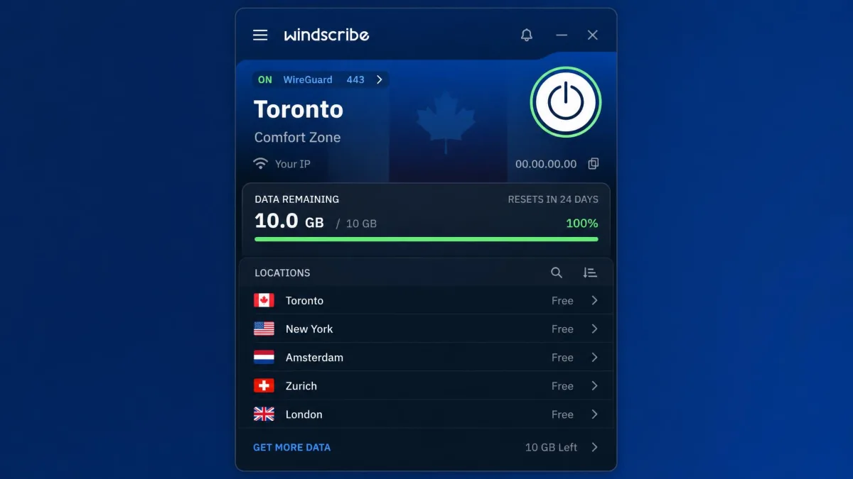 Windscribe's desktop app on the free plan, showing the remaining monthly data allowance and a list of free server locations.