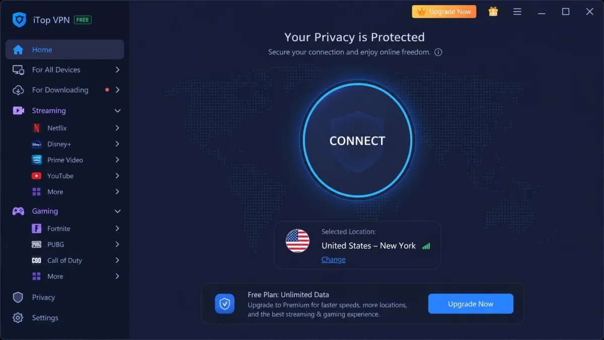 iTop VPN Windows app main screen with a large connect button, the selected server location, and the sidebar of streaming and gaming server categories.
