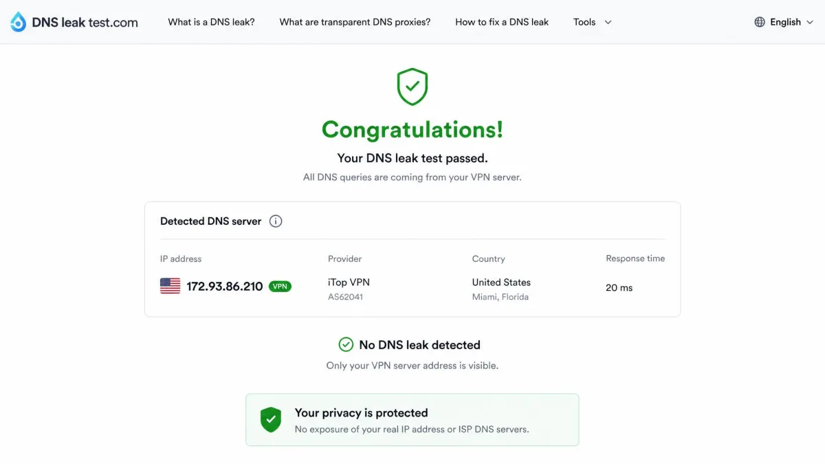 Browser DNS leak test results page showing only the iTop VPN server address with no exposure of the real ISP-assigned IP, confirming a clean pass.