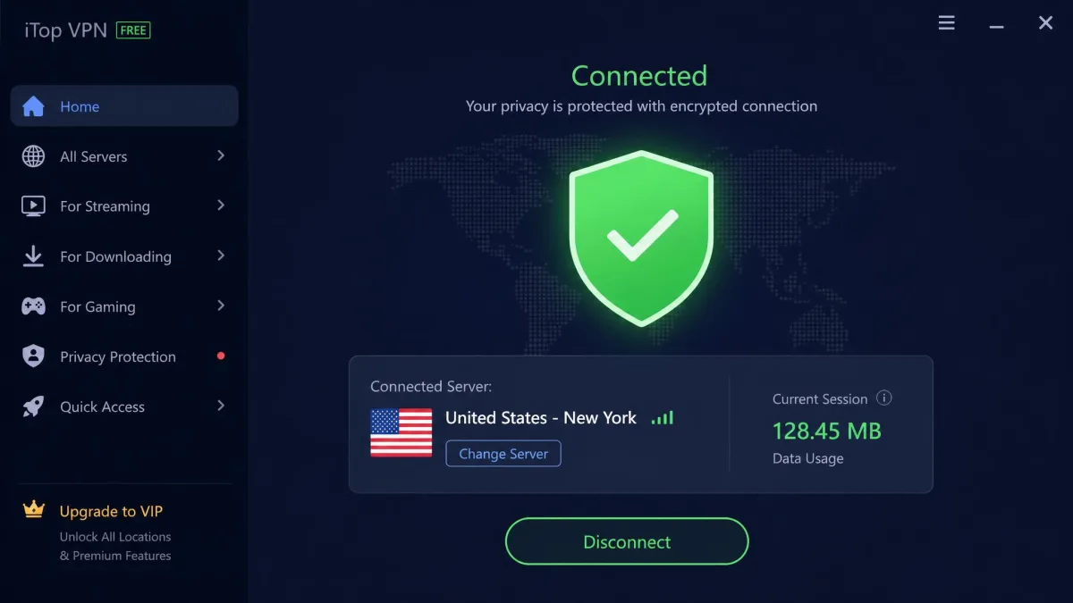 iTop VPN Windows app in the connected state showing a green shield, the active server country, and the current session data usage.