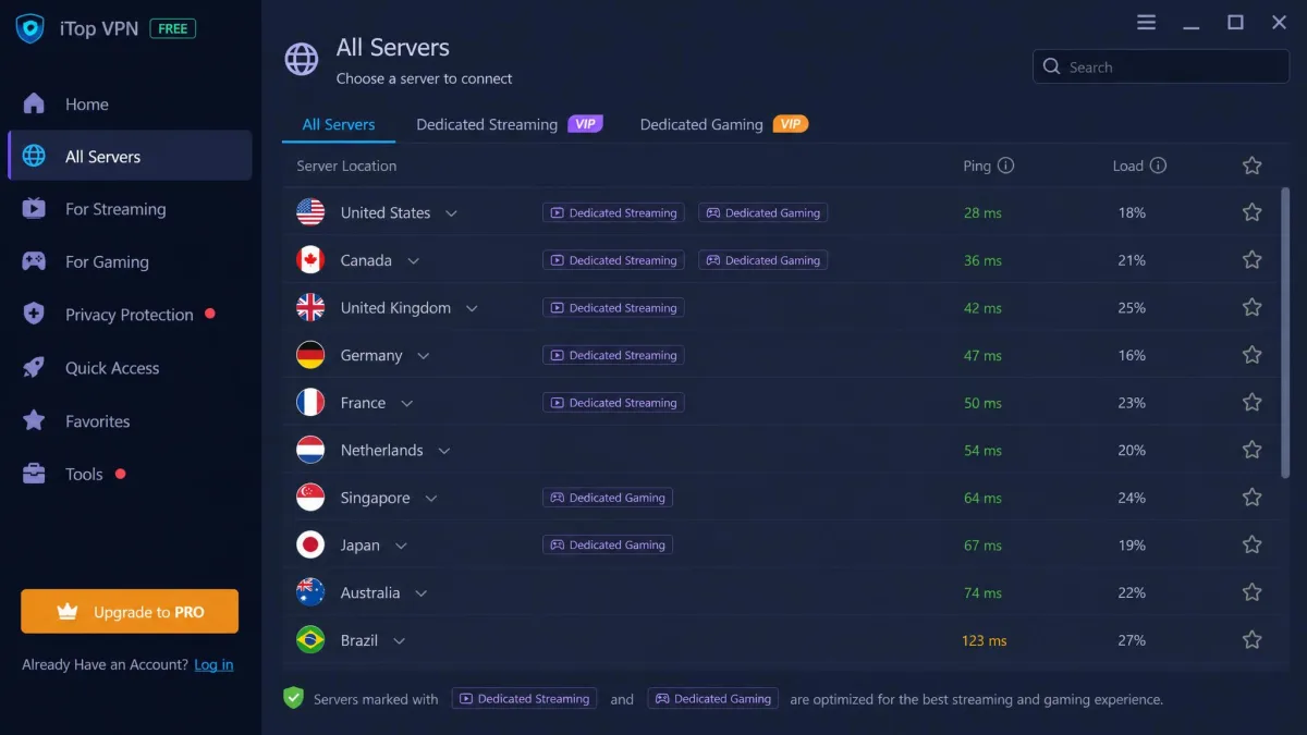 iTop VPN server selection screen showing a scrollable list of countries with ping times and dedicated streaming and gaming server groups.