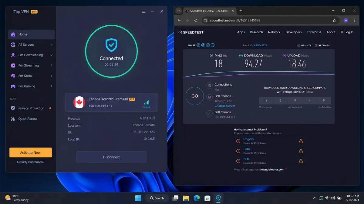 iTop VPN desktop app connected to a premium server alongside a browser speed-test result showing download throughput capped below 100 Mbps on a 500 Mbps home line.