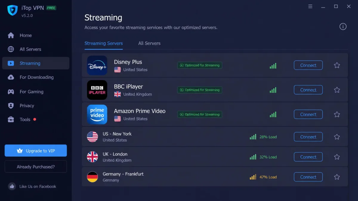 iTop VPN app showing its streaming-optimized server list with dedicated entries for Disney Plus, BBC iPlayer, and Amazon Prime Video.