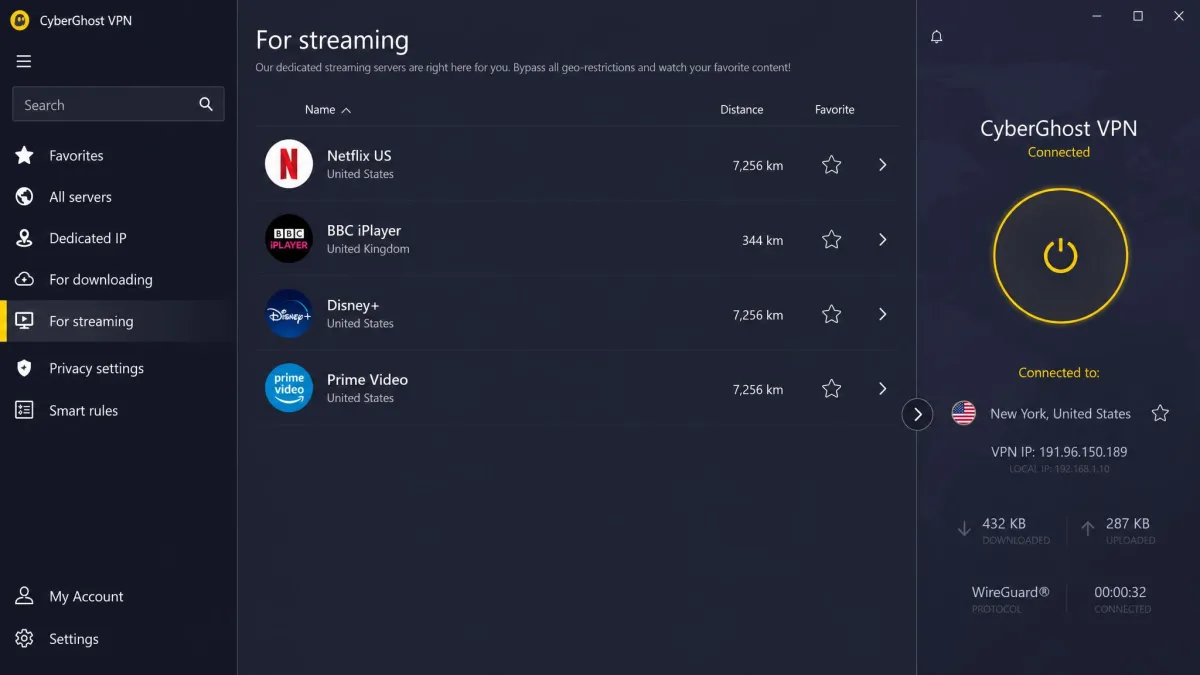 CyberGhost's Windows app with the "For streaming" tab open, listing servers labelled Netflix US, BBC iPlayer, Disney+ and Prime Video.