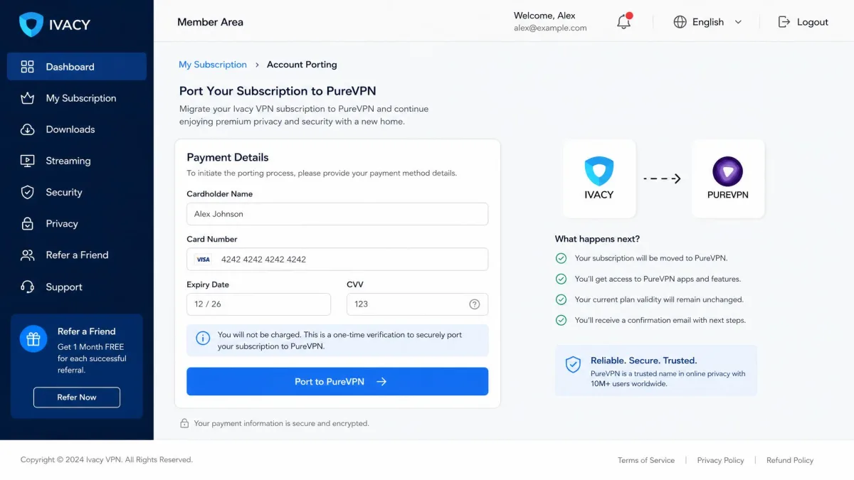 The Ivacy Member Area showing the account-porting screen, with payment-detail fields and a Port button that moves the subscription into the PureVPN Member Area.