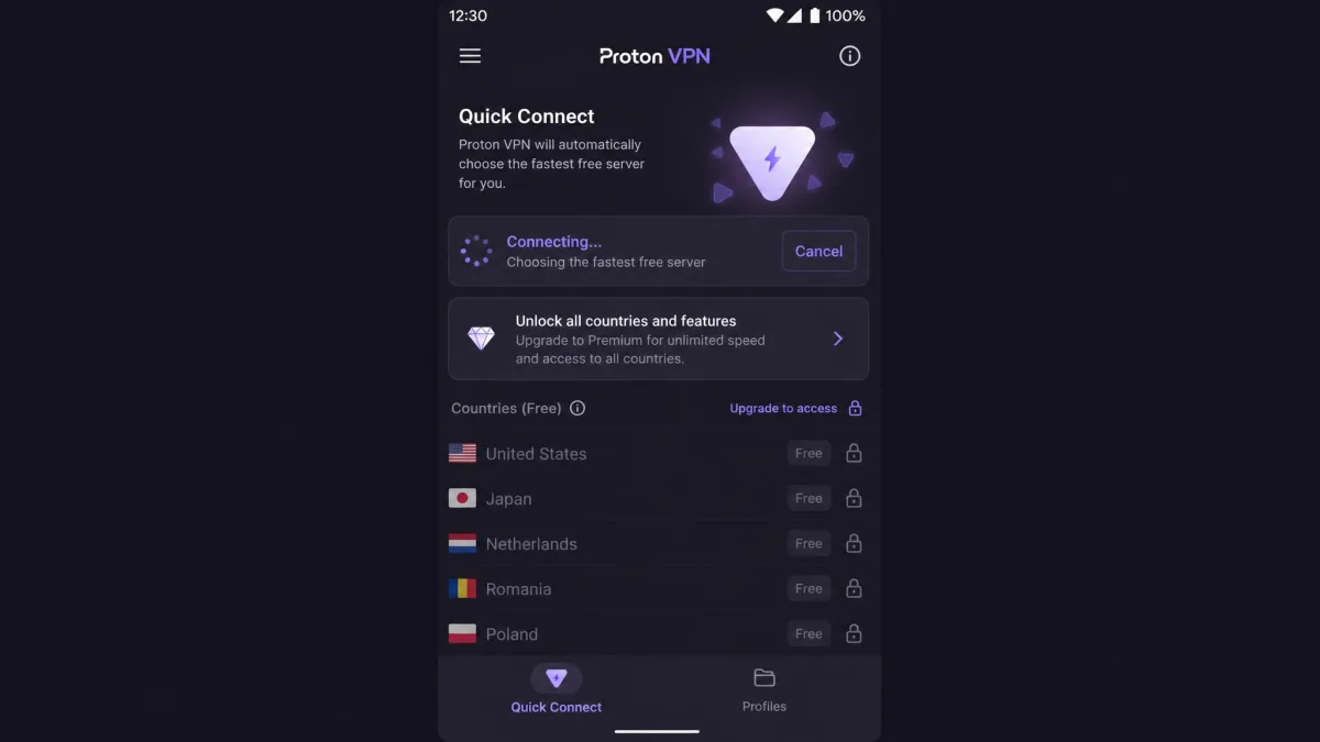 Proton VPN's free plan on Android showing the Quick Connect screen, with the app choosing a free server automatically and the country list locked.