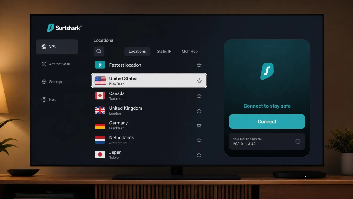 Surfshark's native Android TV app on a living-room television, showing the connect button and a server list navigable with a TV remote.