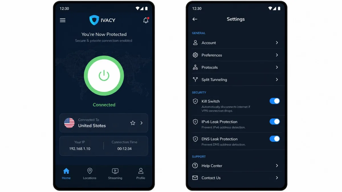 Two Ivacy Android app screens side by side, one showing the connected home screen and one showing the settings menu with the kill switch toggle enabled.