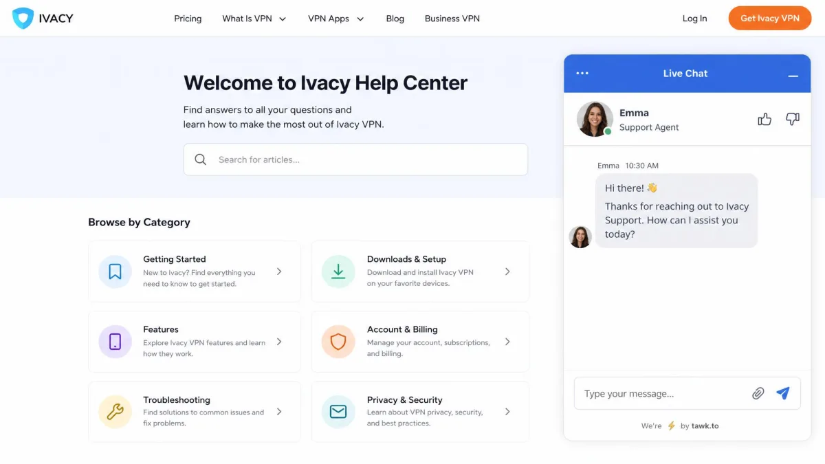 Ivacy website live chat window open in the corner of the screen with a support agent message and a typing box, the help center articles visible behind it.