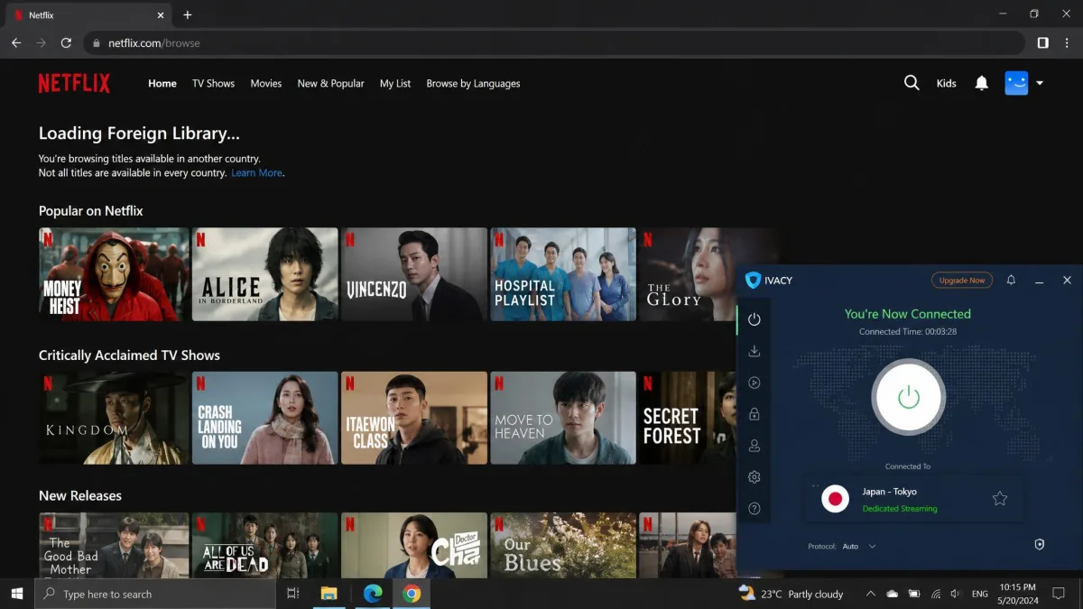 Netflix home screen loading a foreign library in a browser with the Ivacy app connected to a dedicated streaming server shown in a corner window.