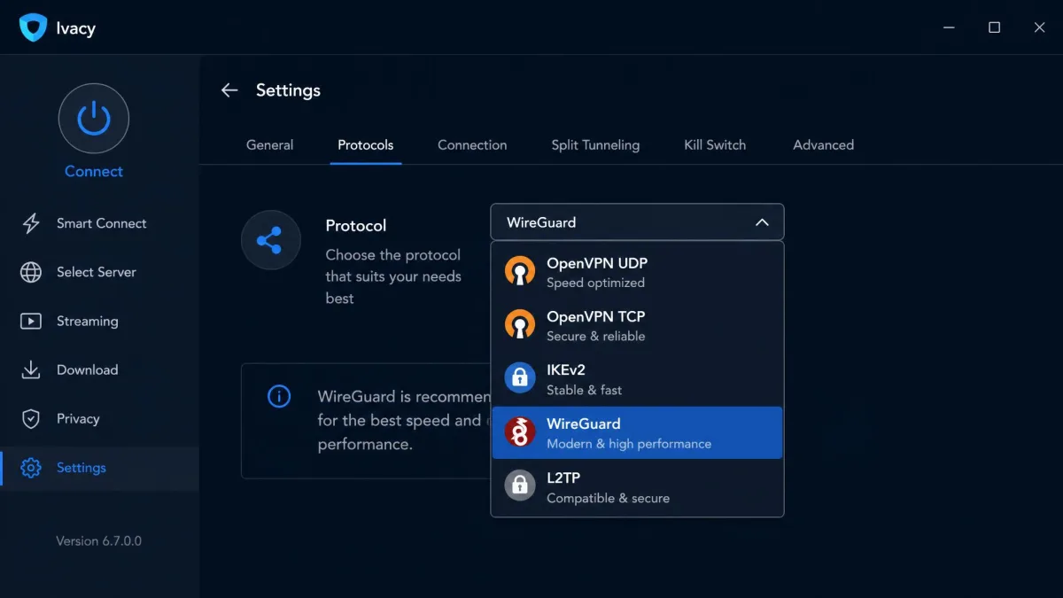 Ivacy Windows app protocol selection dropdown showing OpenVPN UDP, OpenVPN TCP, IKEv2, WireGuard, and L2TP options with WireGuard highlighted.