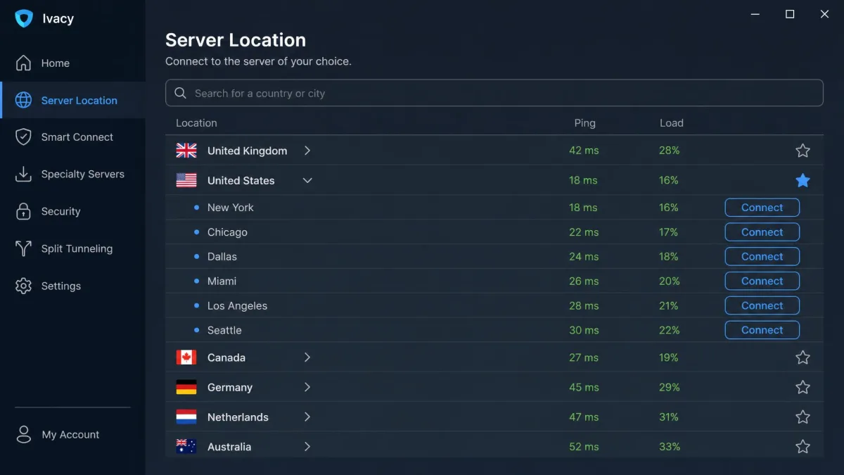 Ivacy Windows app showing the server location list with a search box, country flags, and a connect button, several cities expanded under the United States entry.