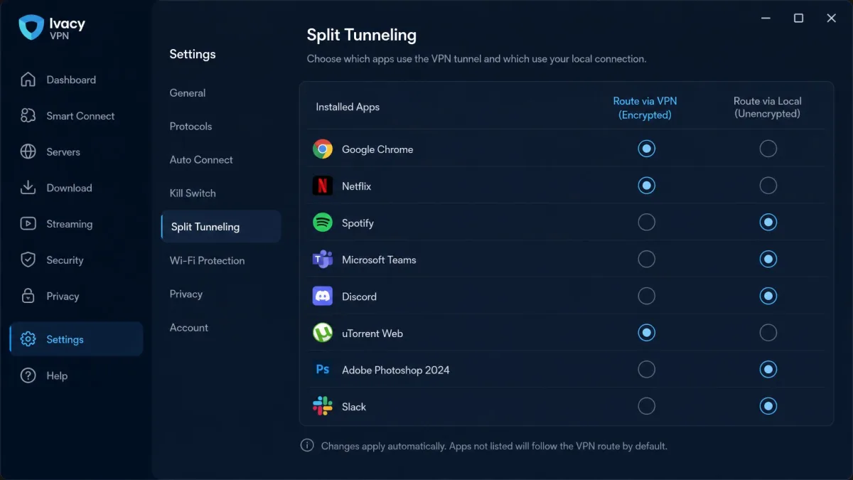 Ivacy split tunneling settings panel listing installed apps with toggles to route each one through the VPN or the local connection.