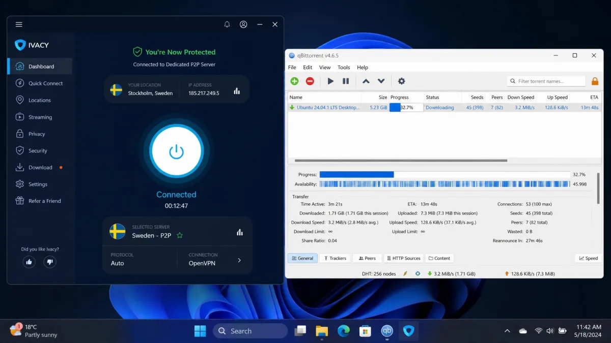 Ivacy app showing a dedicated P2P server selected with a download in progress in a torrent client visible in the background window.