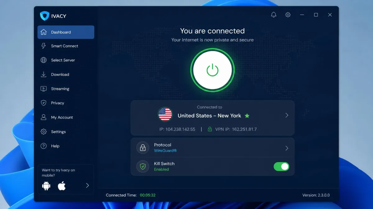 Ivacy Windows desktop app showing a connected state with a green status indicator, the selected server location, and the protocol and kill switch settings visible.