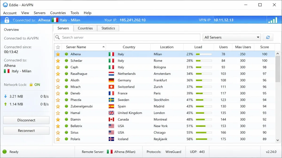 AirVPN's Eddie client on Windows listing star-named servers with live load percentages beside each one.