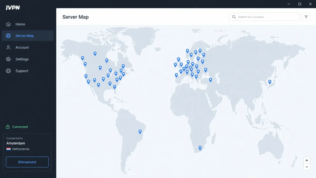 IVPN's desktop app server map, with dense pins across Europe and North America and single pins in Africa and South America.