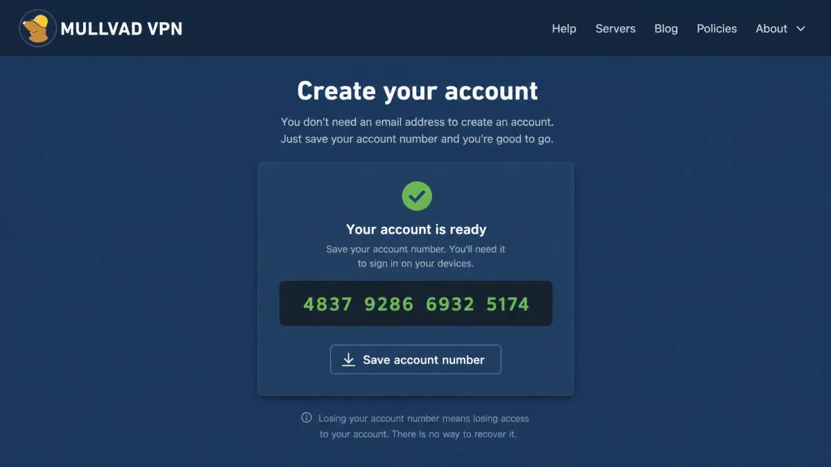 Mullvad's sign-up page showing a freshly generated account number, with no email or password fields.