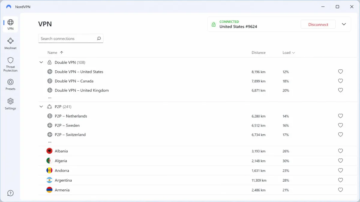 NordVPN's Windows app in list view, with Double VPN and P2P server categories expanded above the country list.