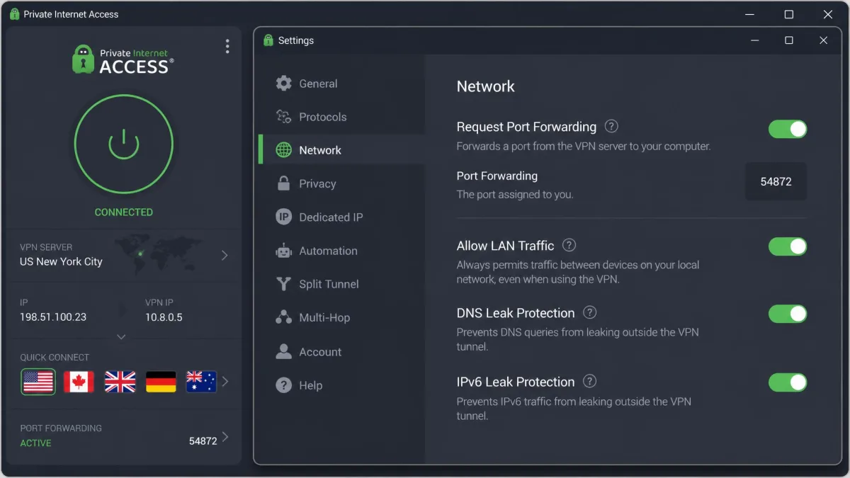PIA's Windows app settings with Request Port Forwarding switched on and the assigned port shown on the main screen.