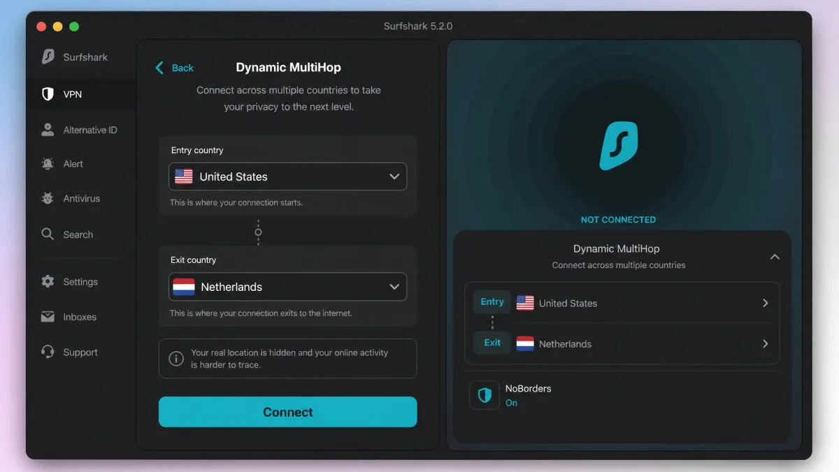 Surfshark's macOS app on the Dynamic MultiHop screen, with separate menus for the entry and exit countries.