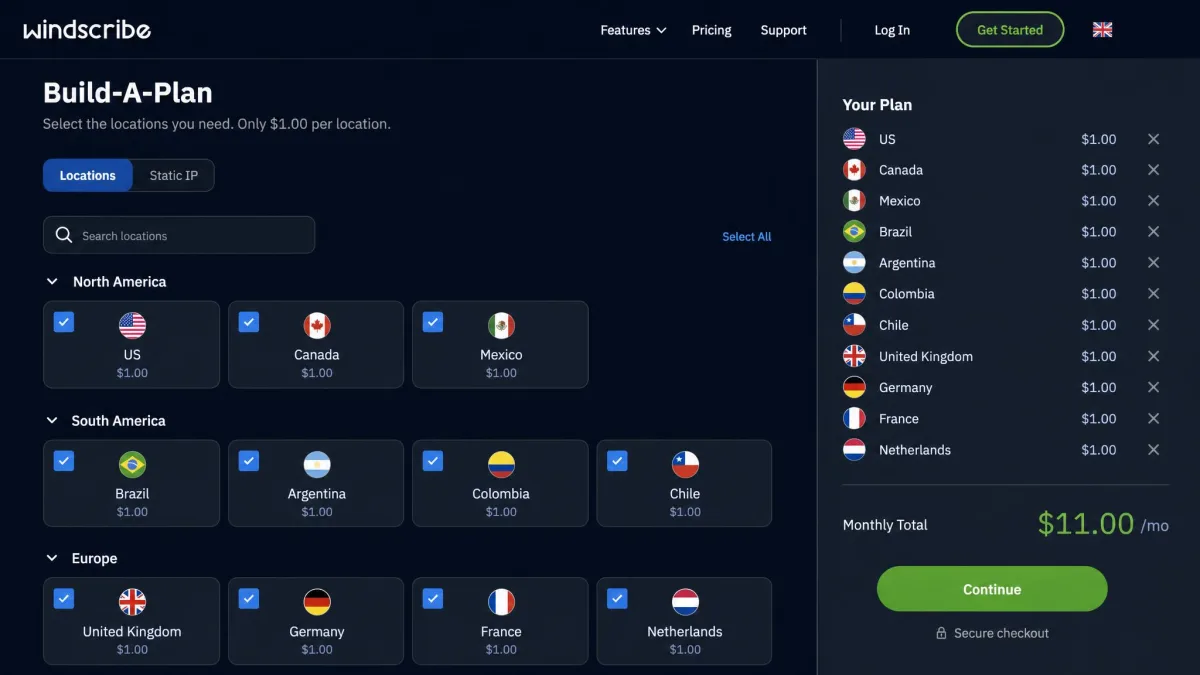 Windscribe's Build-A-Plan page with country locations ticked at $1 each and a running monthly total.