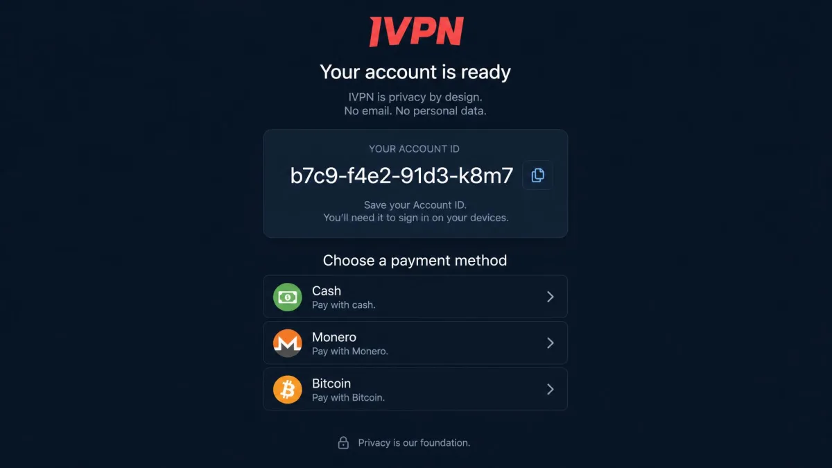 IVPN's signup screen displaying a randomly generated account ID with no email or name field, and payment options including cash, Monero, and Bitcoin listed below.