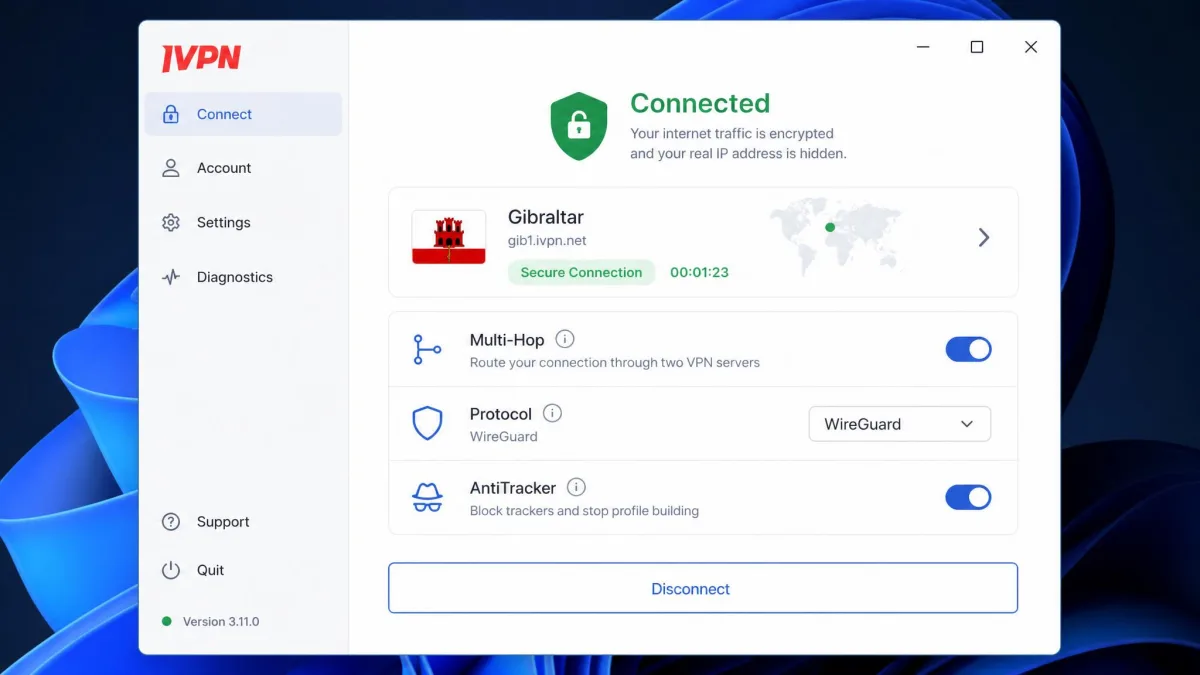 IVPN's Windows desktop app showing a connected status to a Gibraltar server, with the multi-hop toggle, protocol selector, and AntiTracker option visible in the main panel.