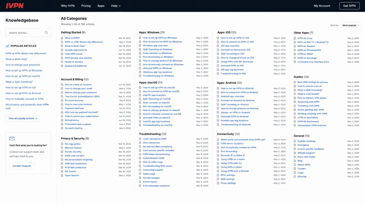 IVPN's knowledgebase landing page showing a dense list of support categories and articles with minimal grouping, illustrating the cluttered self-service layout.