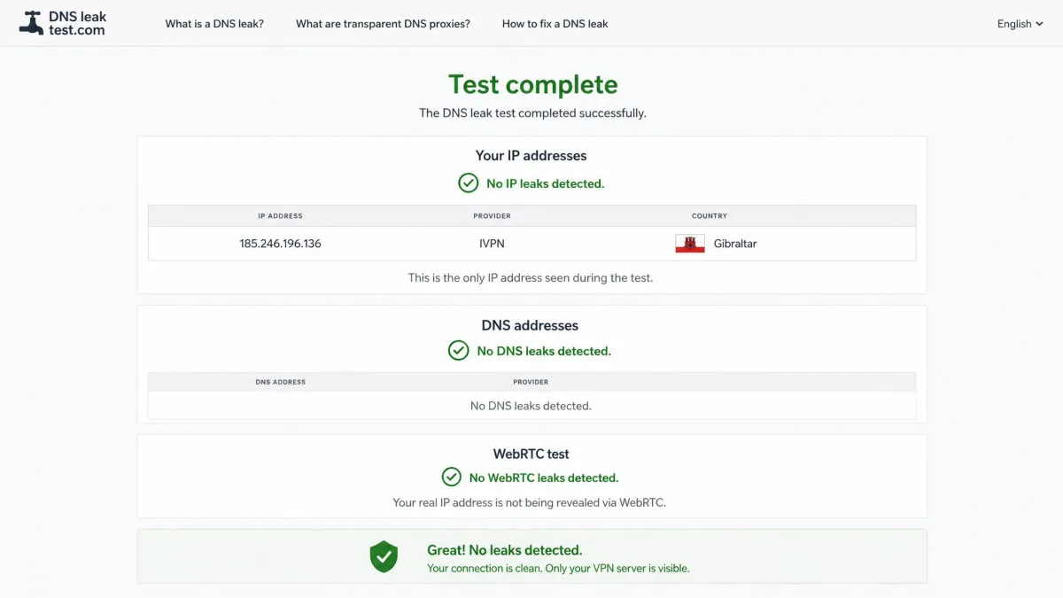 A DNS leak test results page showing only the IVPN server IP and no DNS or IP leaks, confirming the connection is clean during testing.
