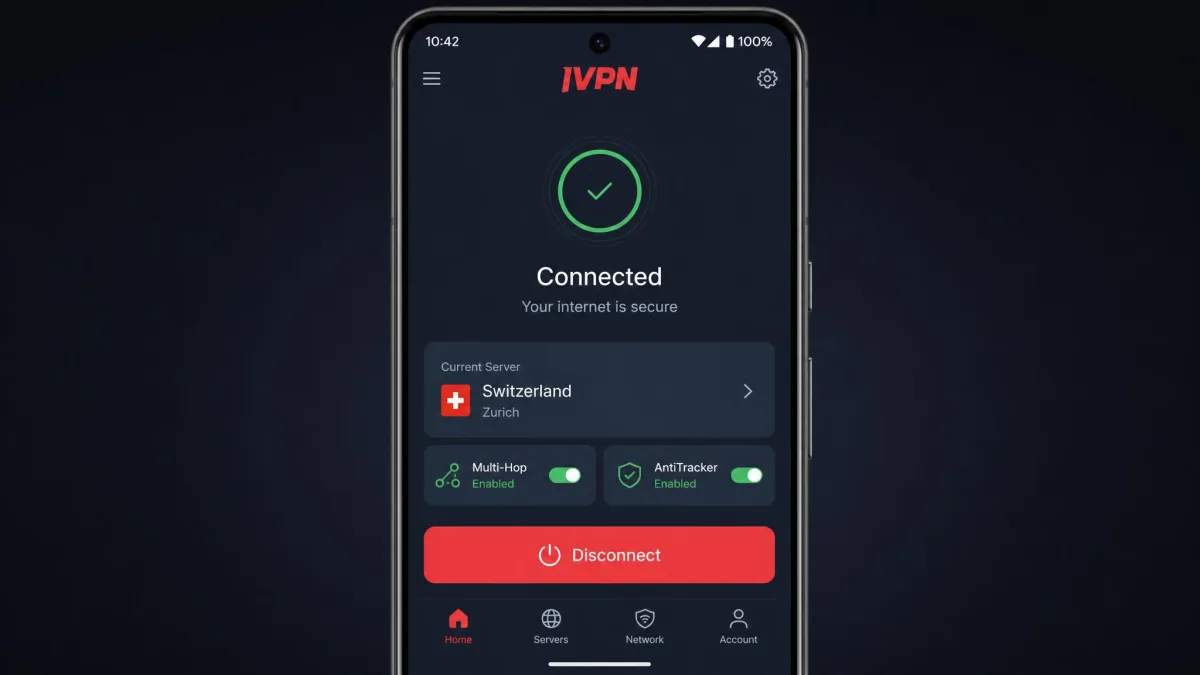 IVPN's Android app on a phone screen showing a clean connected state with a large connect button, current server, and quick toggles for multi-hop and AntiTracker.