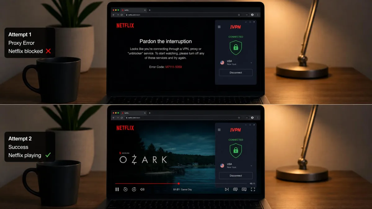 A laptop showing Netflix loading through a US IVPN server, with a proxy error message on one attempt and the title playing on a later retry, illustrating inconsistent unblocking.