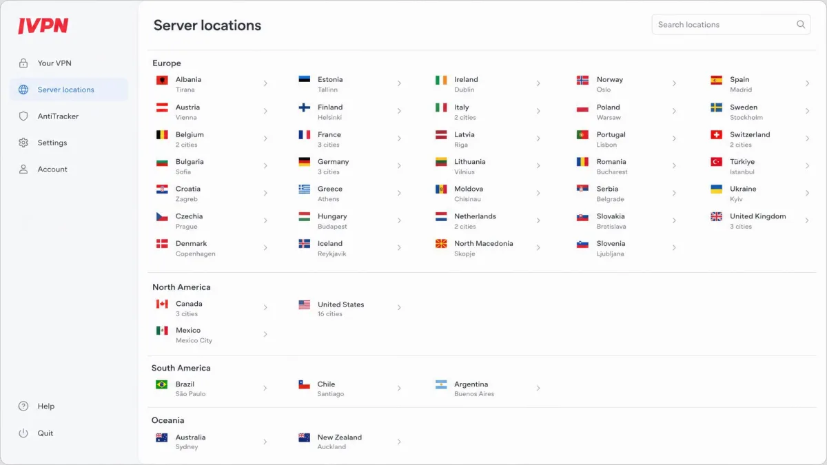 IVPN's server location list showing countries grouped by region, with dense coverage across Europe and North America and sparse single-city entries in South America and Oceania.