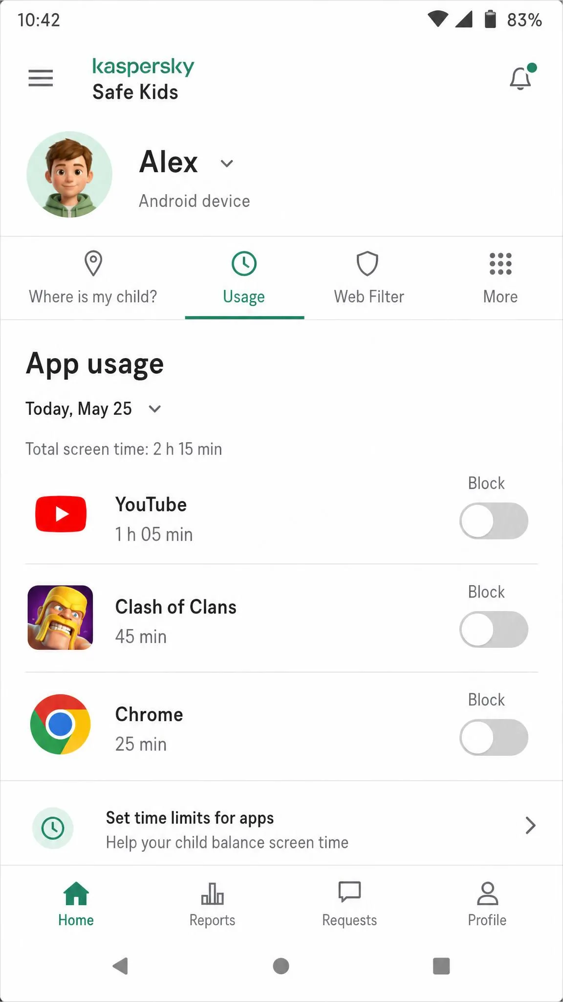 The Kaspersky Safe Kids app usage report on an Android child profile, listing YouTube, a game, and a browser with minutes used beside each one and a block toggle on the right.