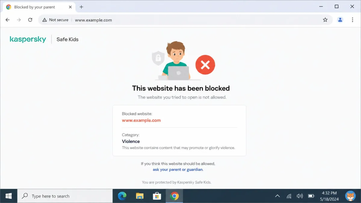 A blocked-site warning page shown in Chrome on a Windows child account, with the Kaspersky Safe Kids notice explaining the category that triggered the block.