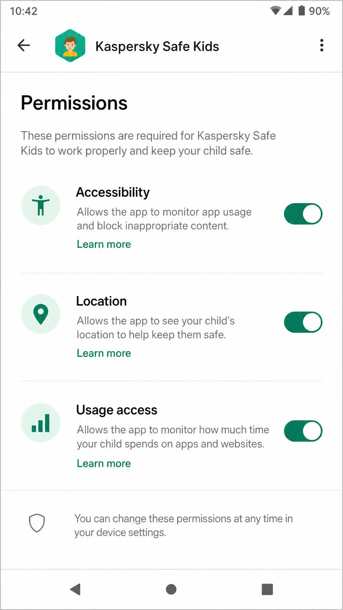 The Kaspersky Safe Kids child app on Android showing its permissions screen with accessibility, location, and usage access toggles all enabled.