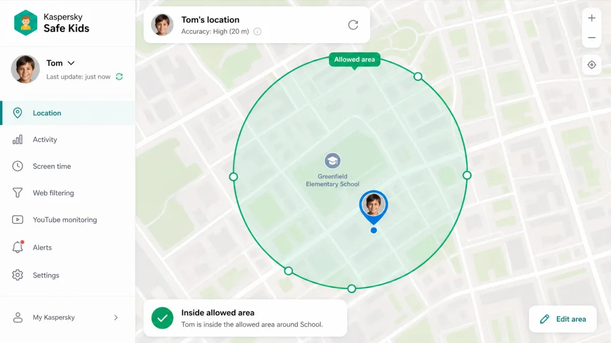 The Kaspersky Safe Kids location map with a circular allowed area drawn around a school and the child's current position pinned inside it.