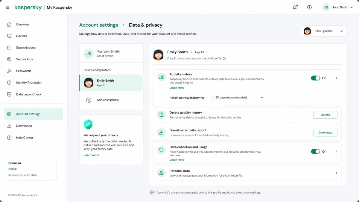 The My Kaspersky account settings page showing data and privacy options for a linked child profile, including activity history controls.