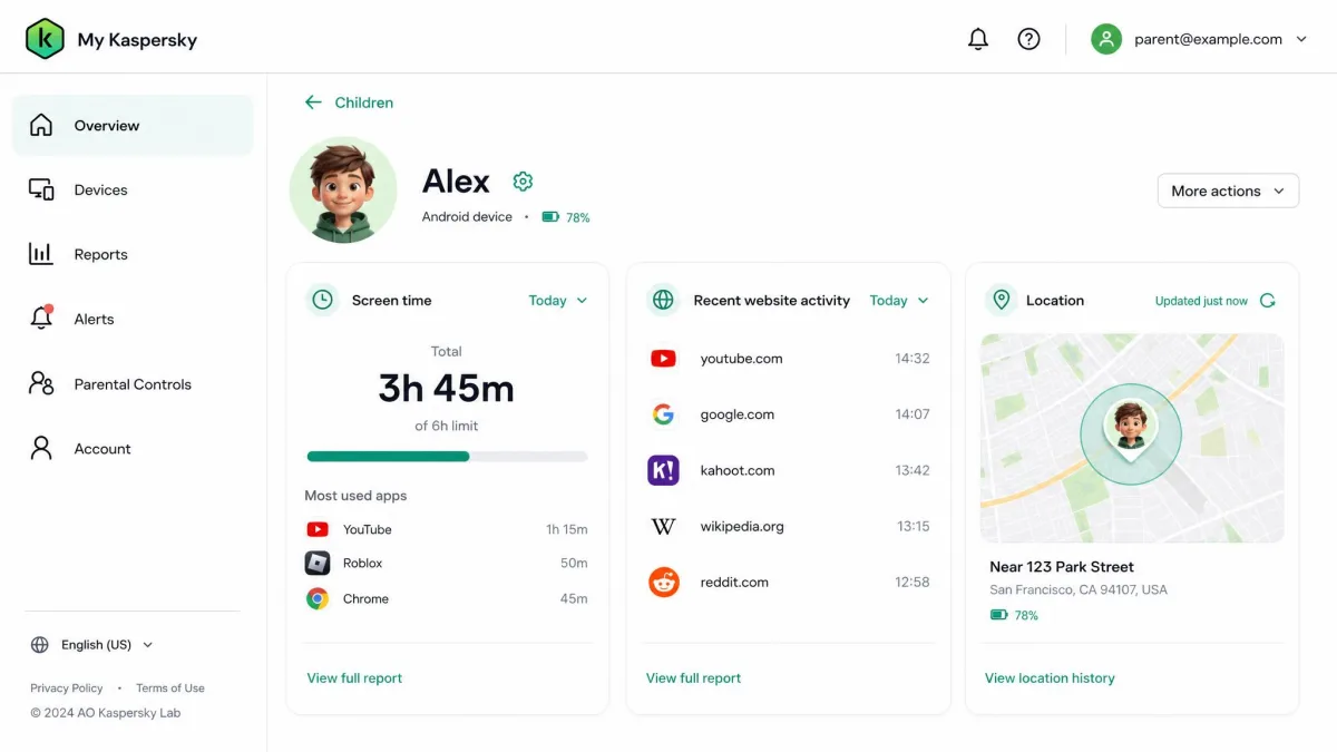 The My Kaspersky parent dashboard showing a child profile card with today's screen time total, recent website activity, and the location tile side by side.